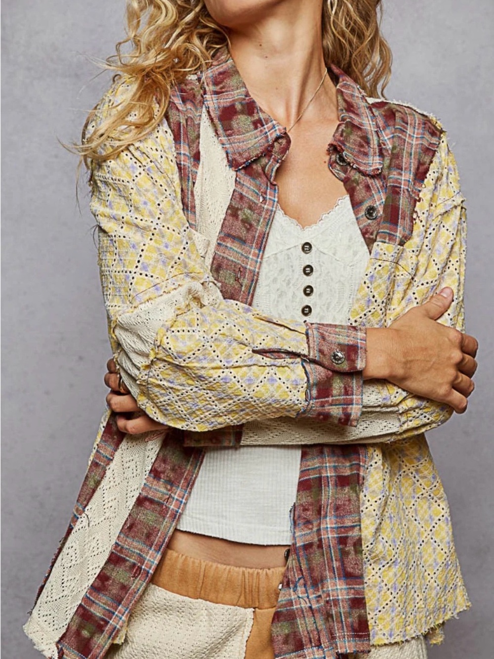 POL Red Brick Mixed Print Oversized Button Down Shirt - Picture 5 of 5